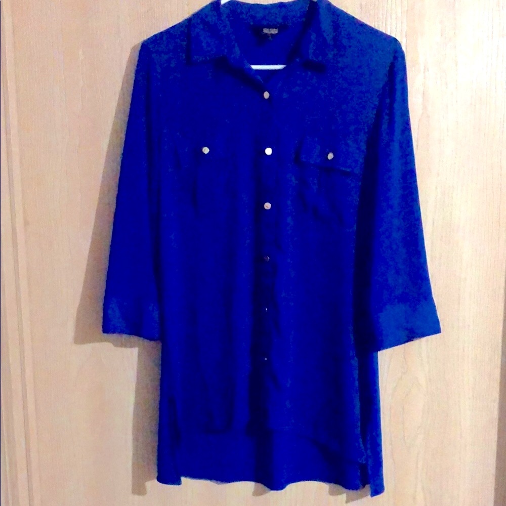 Slim Factor Blue Button-Up High Low 3/4 Button Sleeves Collared Shirt S